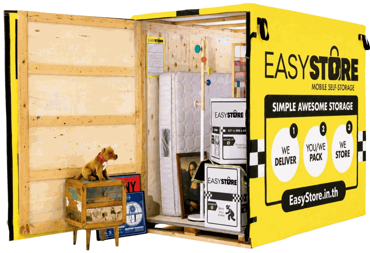 Inside a 7.02 cubic metre EasyStore box packed with a mattress, bedside table, framed pictures and moving boxes