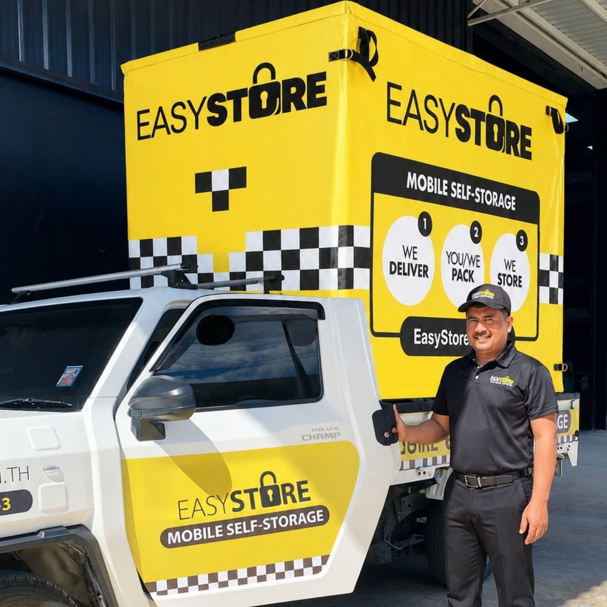 EasyStore driver with the delivery truck and a mobile self storage box